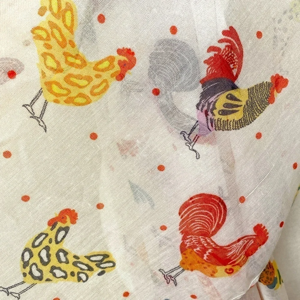 Rooster Hens Scarf Womens Novelty Print Birds Garden Red/White/Gold Sheer 72’